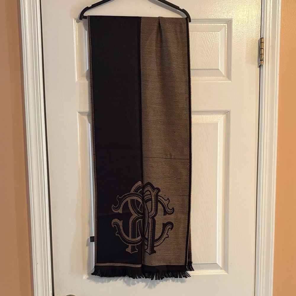 Roberto Cavalli Black and Brown Monogrammed Decor Scarf